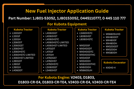New Fuel Injector 1J801 - 53052 For Kubota V2403 L3301 L3901 L4060 L4701 MX4800, Remanufactured - Fab Heavy Parts