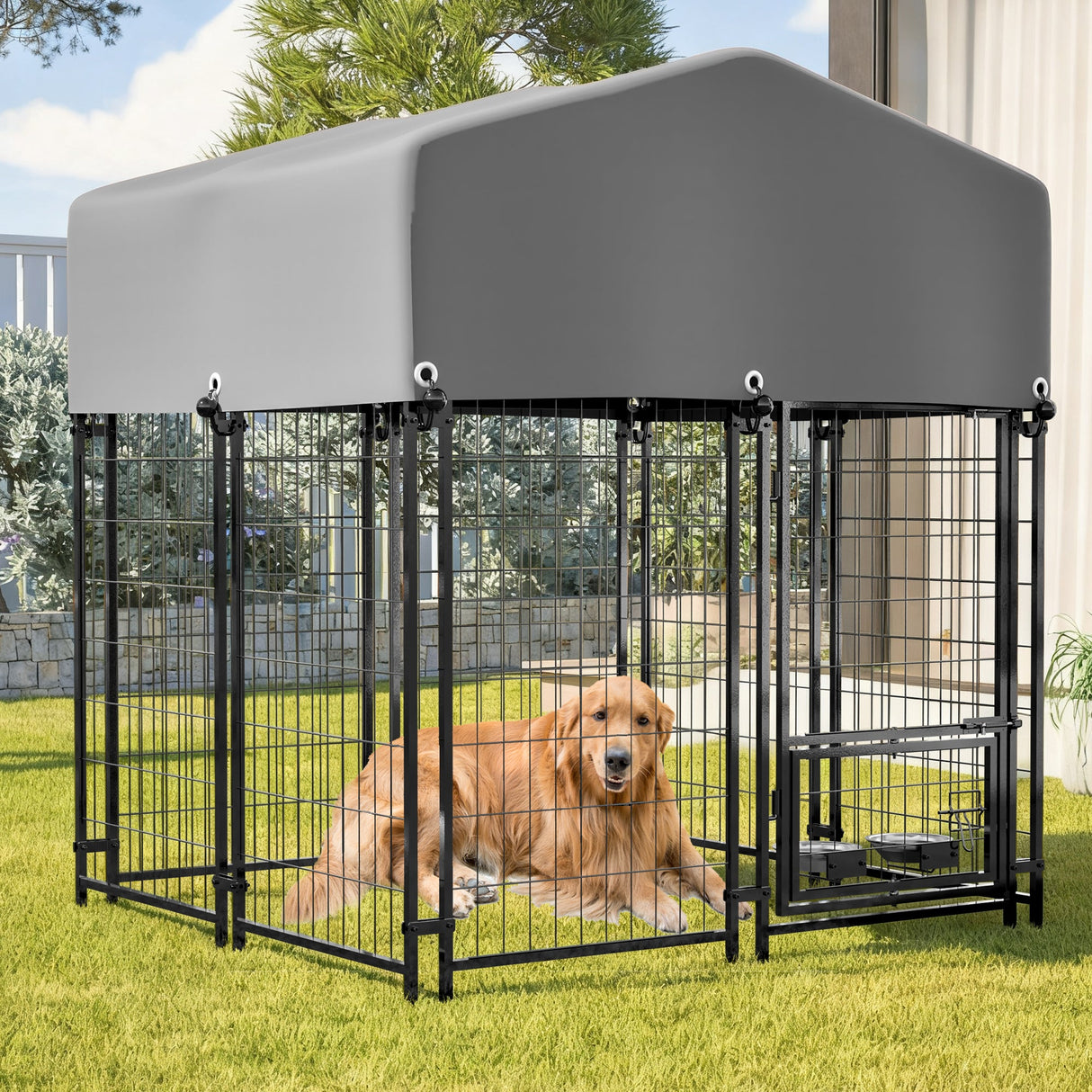 Outdoor Dog Kennel 4.23'x3.83'x4.83' with Roof Heavy Duty Welded Wire Crate All - Weather Protection & Safe Lock Design for Dogs and Pets - Fab Heavy Parts