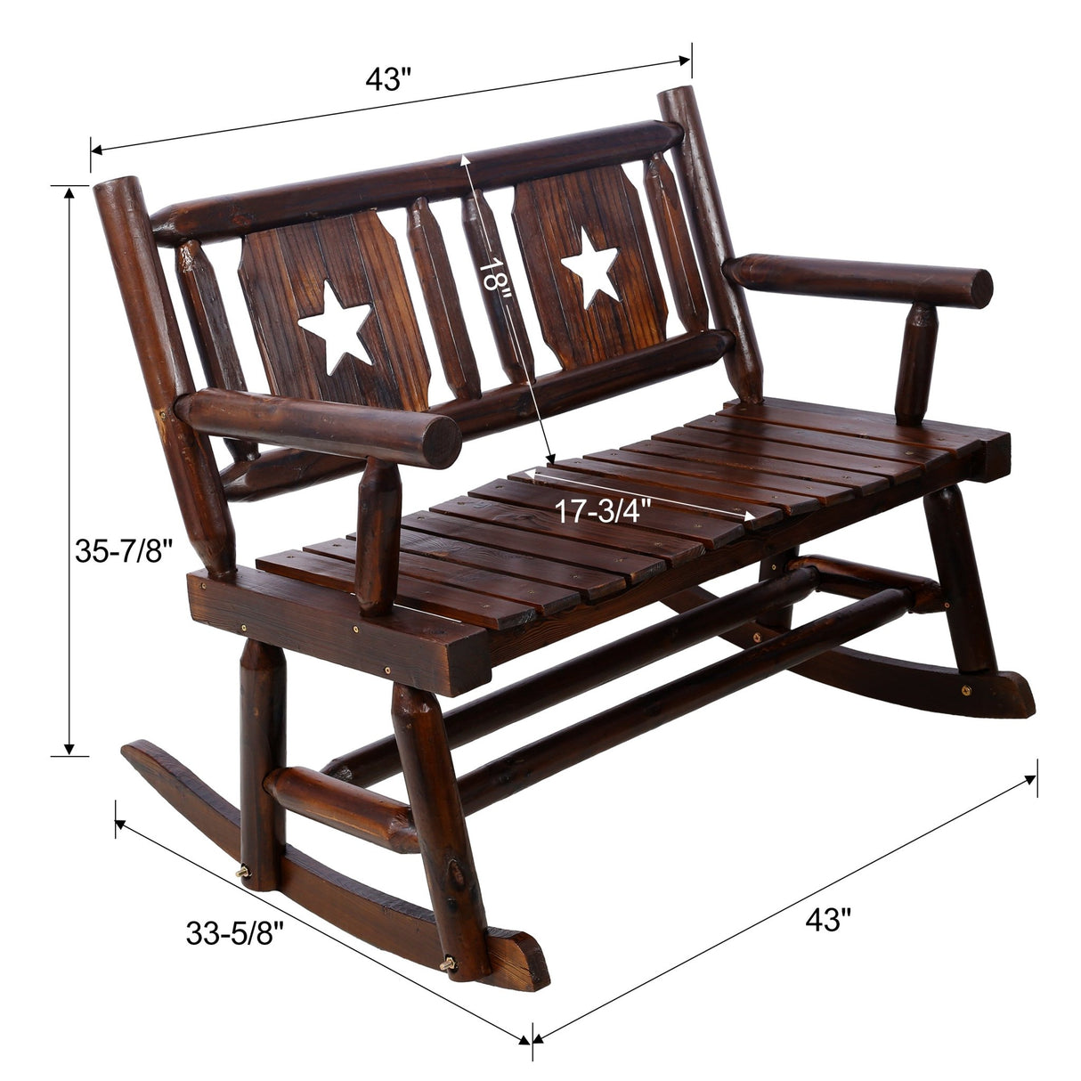 Outdoor Wood Rocking Bench Carbonized Double Chair with Wide Curved Seat Porch Rocker - Rustic Brown - Fab Heavy Parts