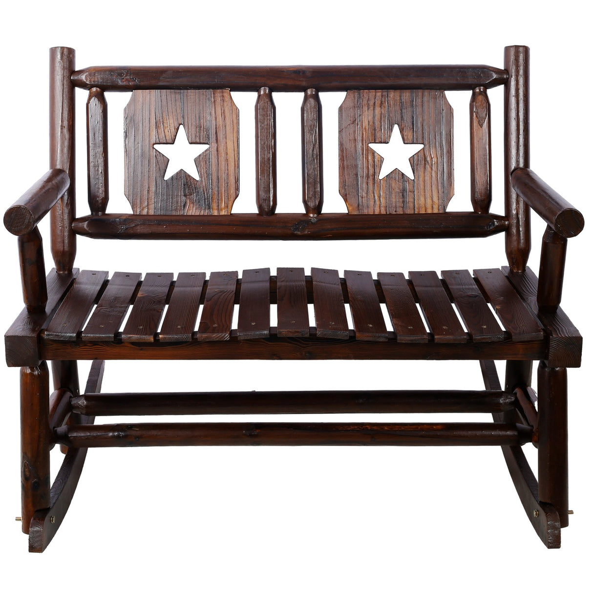 Outdoor Wood Rocking Bench Carbonized Double Chair with Wide Curved Seat Porch Rocker - Rustic Brown - Fab Heavy Parts