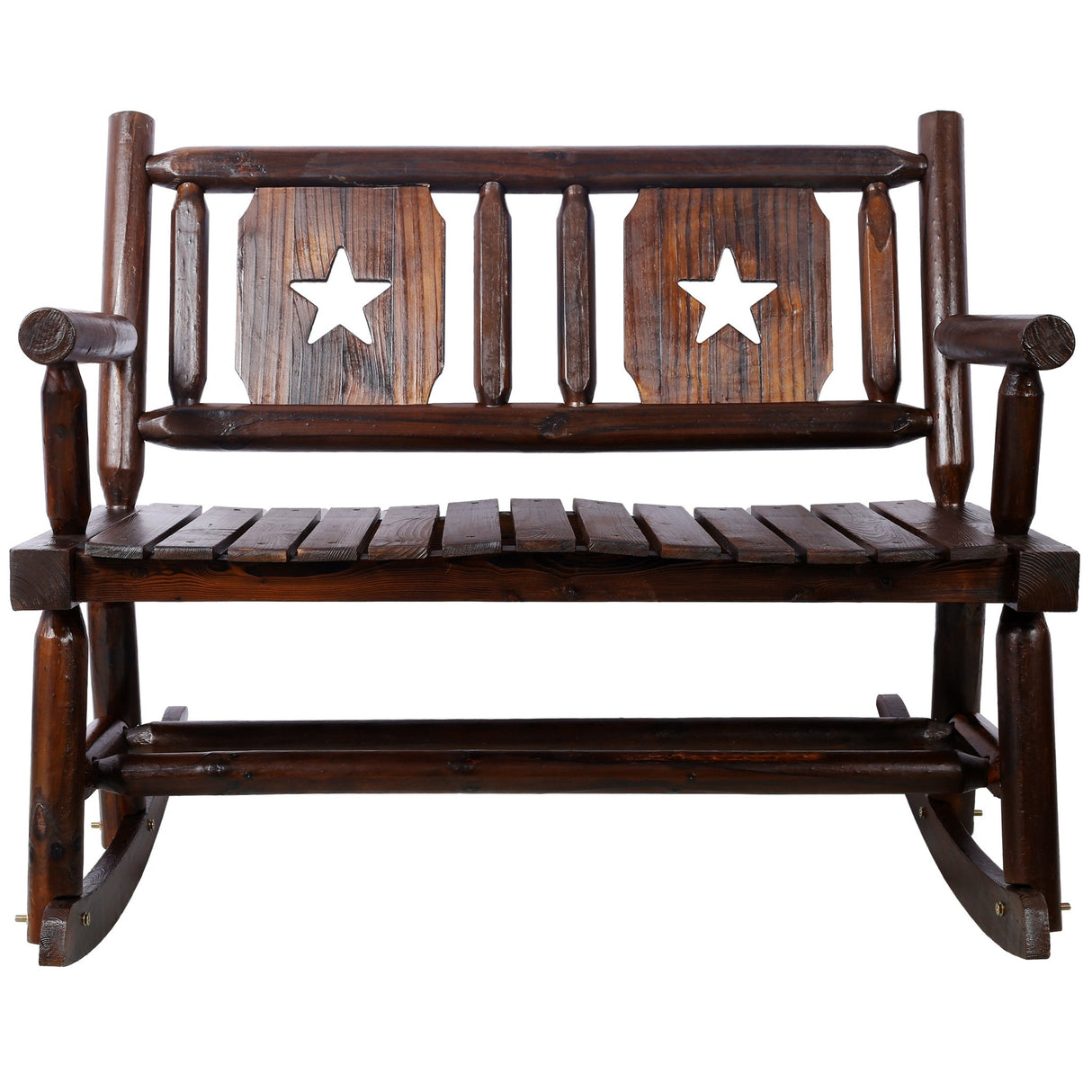 Outdoor Wood Rocking Bench Carbonized Double Chair with Wide Curved Seat Porch Rocker - Rustic Brown - Fab Heavy Parts