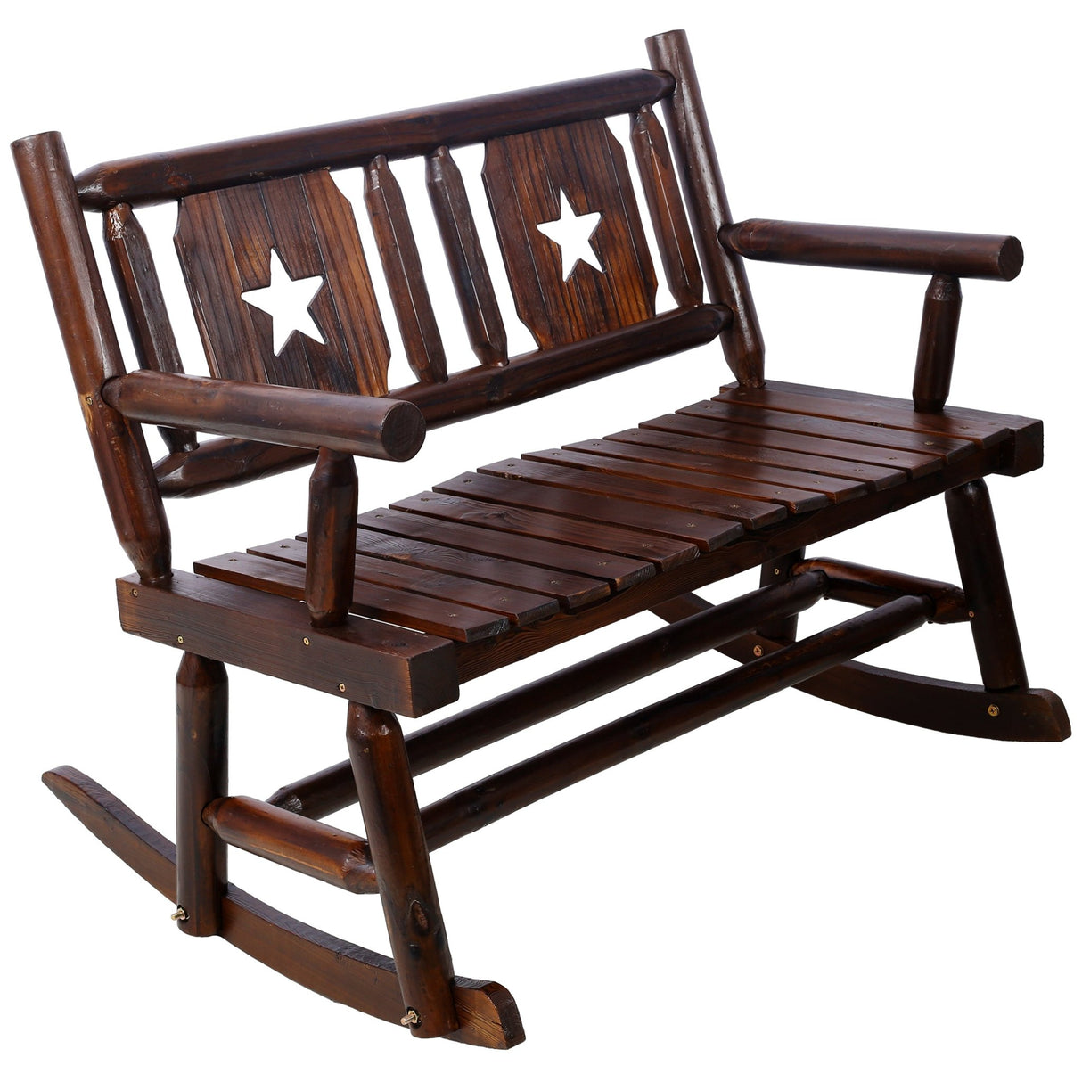 Outdoor Wood Rocking Bench Carbonized Double Chair with Wide Curved Seat Porch Rocker - Rustic Brown - Fab Heavy Parts