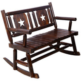 Outdoor Wood Rocking Bench Carbonized Double Chair with Wide Curved Seat Porch Rocker - Rustic Brown - Fab Heavy Parts