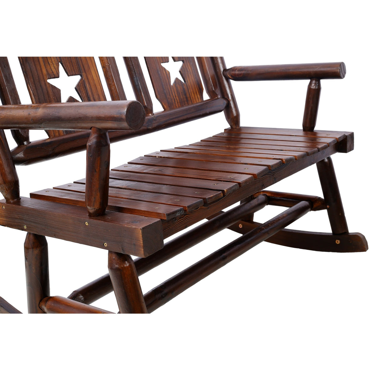 Outdoor Wood Rocking Bench Carbonized Double Chair with Wide Curved Seat Porch Rocker - Rustic Brown - Fab Heavy Parts