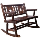 Outdoor Wood Rocking Bench Carbonized Double Chair with Wide Curved Seat Porch Rocker - Rustic Brown - Fab Heavy Parts