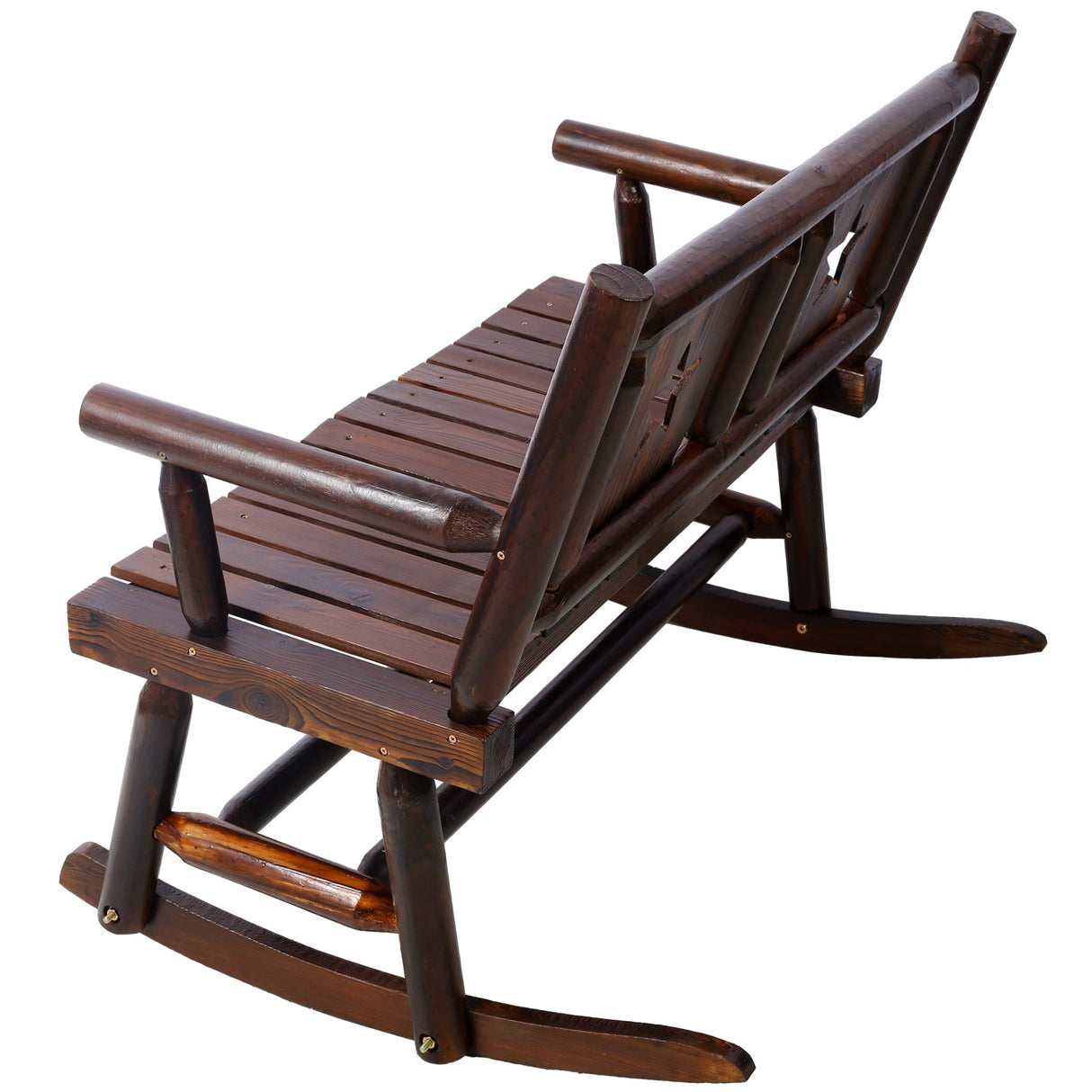 Outdoor Wood Rocking Bench Carbonized Double Chair with Wide Curved Seat Porch Rocker - Rustic Brown - Fab Heavy Parts