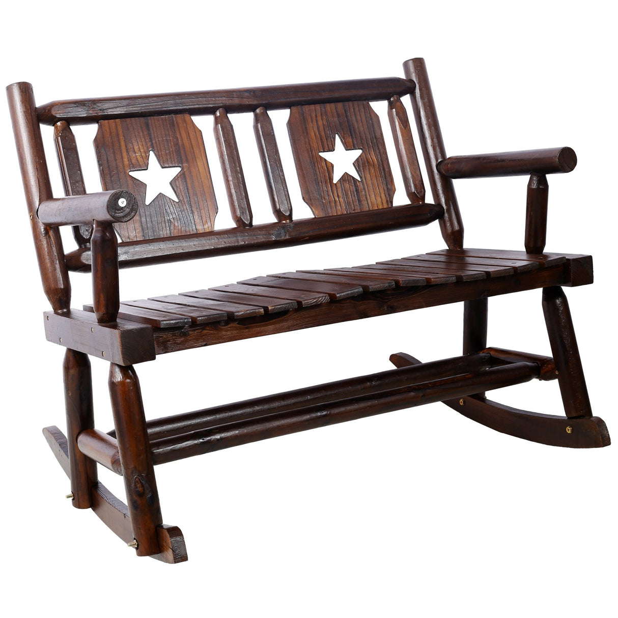 Outdoor Wood Rocking Bench Carbonized Double Chair with Wide Curved Seat Porch Rocker - Rustic Brown - Fab Heavy Parts