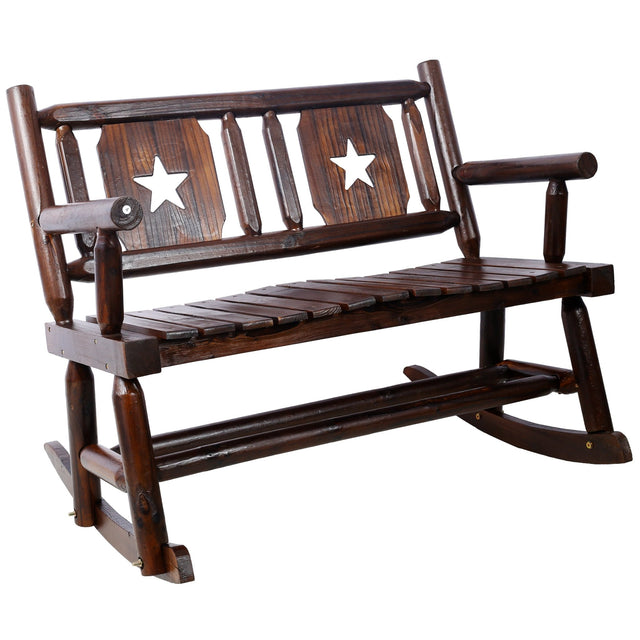 Outdoor Wood Rocking Bench Carbonized Double Chair with Wide Curved Seat Porch Rocker - Rustic Brown - Fab Heavy Parts