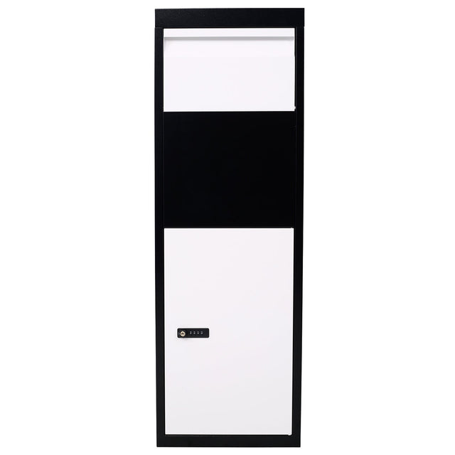 Package Delivery Box 14'' x 11.3'' x 42'' Galvanized Steel Parcel Mailbox w/ Code Lock & Mounting Hardware - Black and White - Fab Heavy Parts