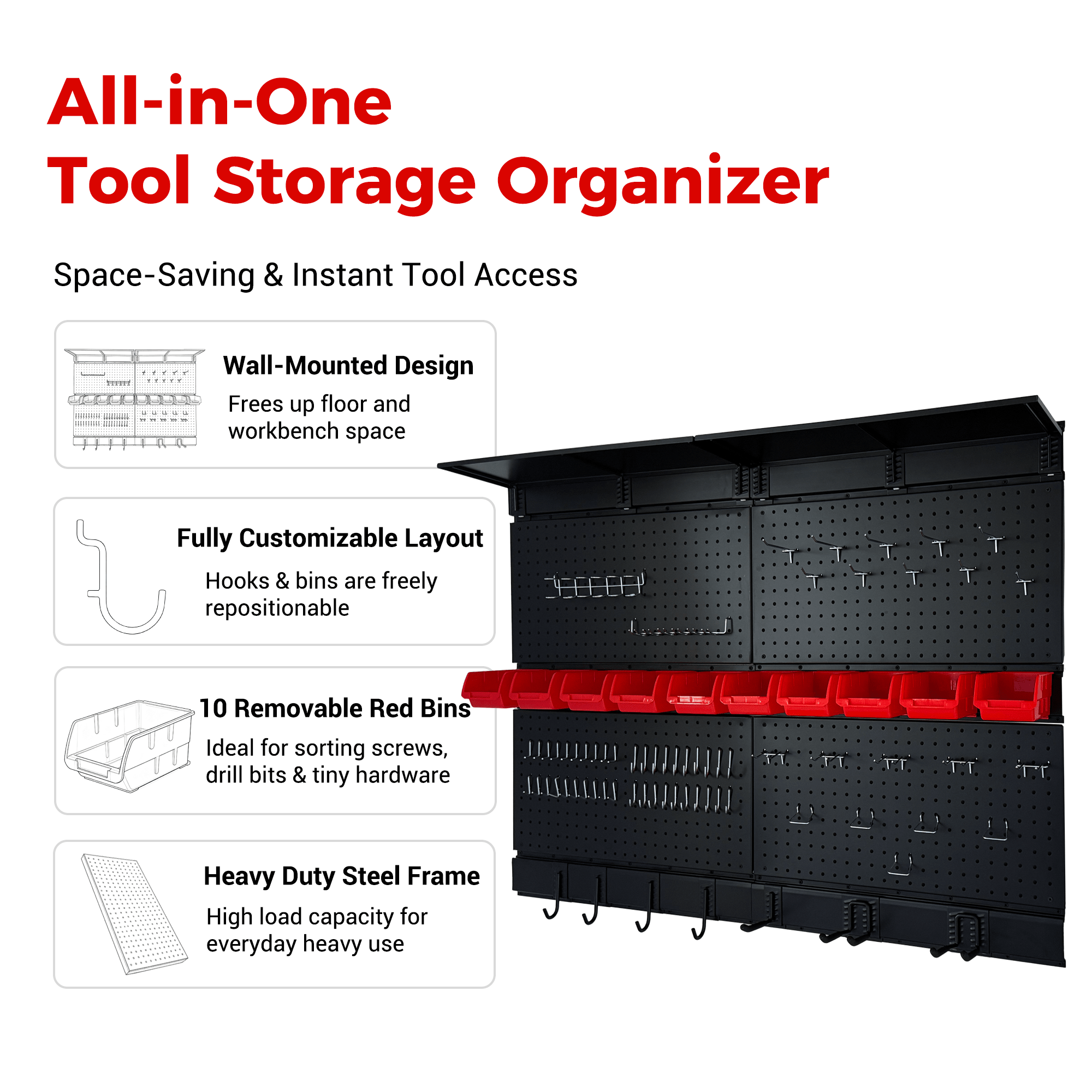 Pegboard Wall Organizer 48 x 36 inch Garage Storage Pegboard with Hooks & Storage Bins - Fab Heavy Parts