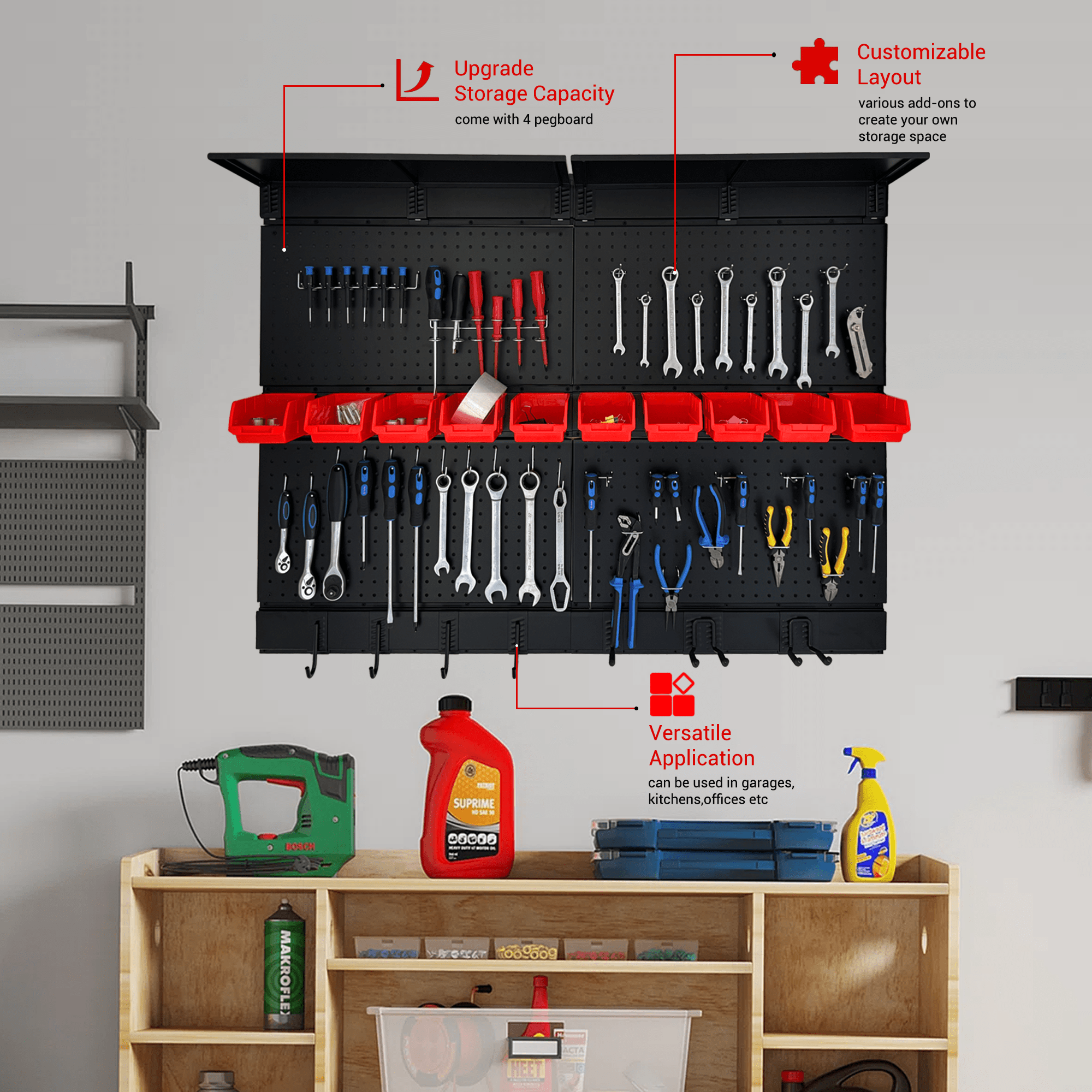 Pegboard Wall Organizer 48 x 36 inch Garage Storage Pegboard with Hooks & Storage Bins - Fab Heavy Parts