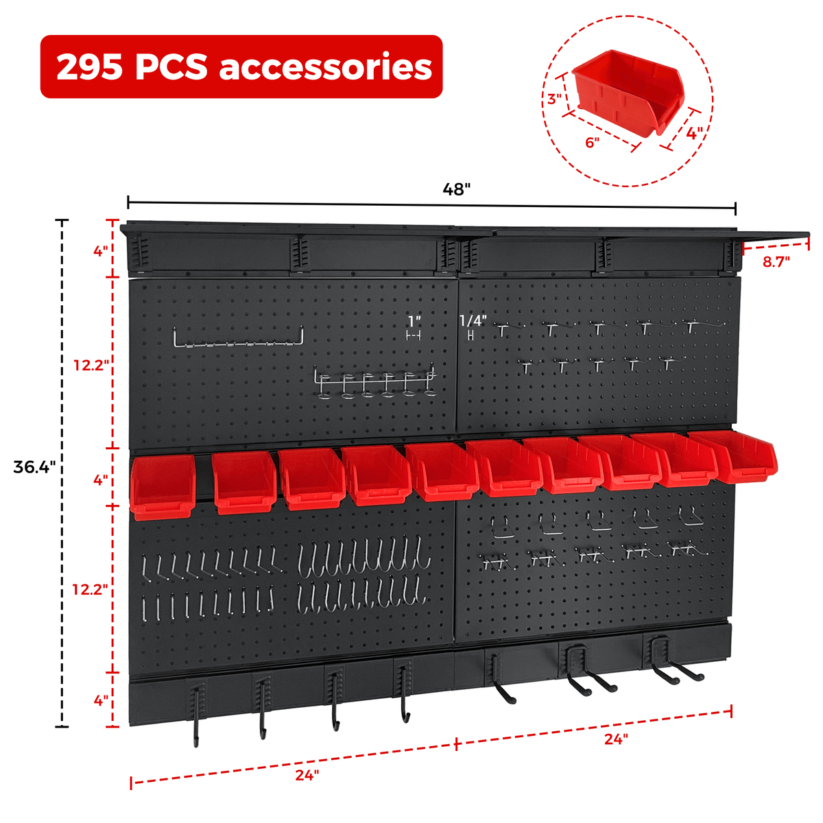 Pegboard Wall Organizer 48 x 36 inch Garage Storage Pegboard with Hooks & Storage Bins - Fab Heavy Parts