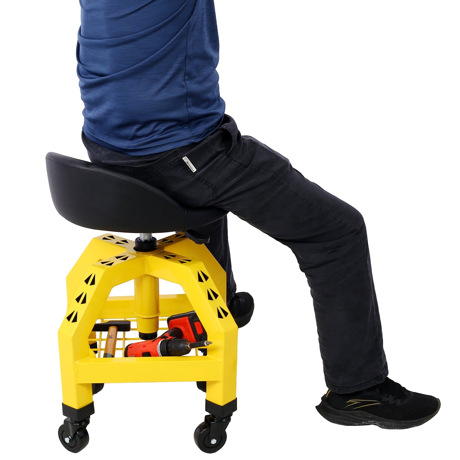 Pneumatic 360 Degree Swivel Stool Mechanics Rolling Creeper Seat Heavy Duty Shop with Casters Yellow 300 lbs Capacity - Fab Heavy Parts