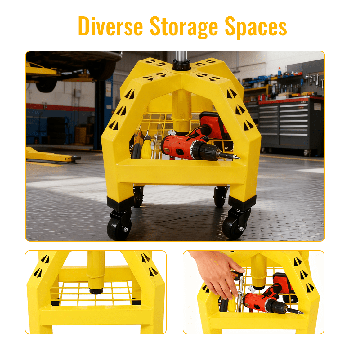 Pneumatic 360 Degree Swivel Stool Mechanics Rolling Creeper Seat Heavy Duty Shop with Casters Yellow 300 lbs Capacity - Fab Heavy Parts