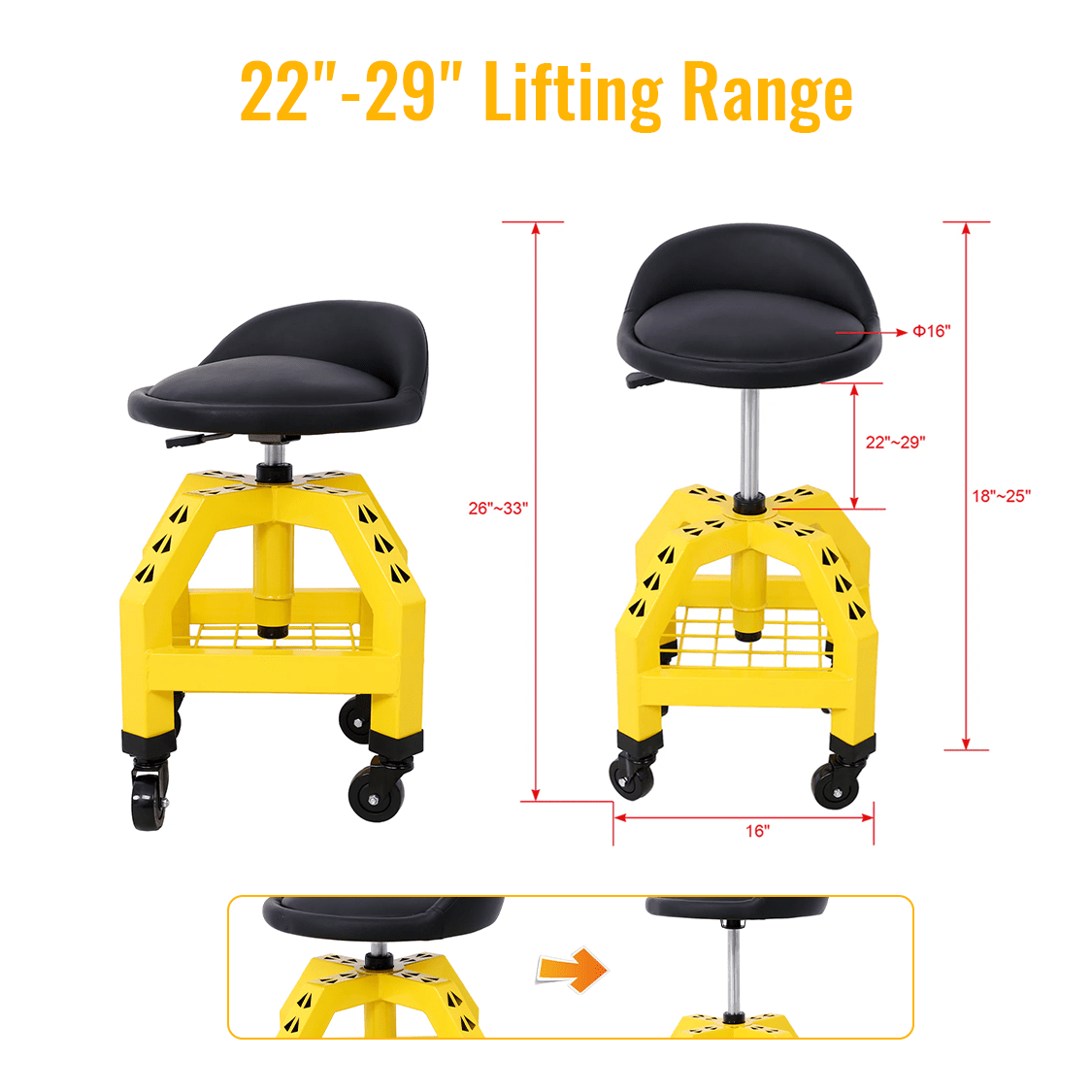 Pneumatic 360 Degree Swivel Stool Mechanics Rolling Creeper Seat Heavy Duty Shop with Casters Yellow 300 lbs Capacity - Fab Heavy Parts