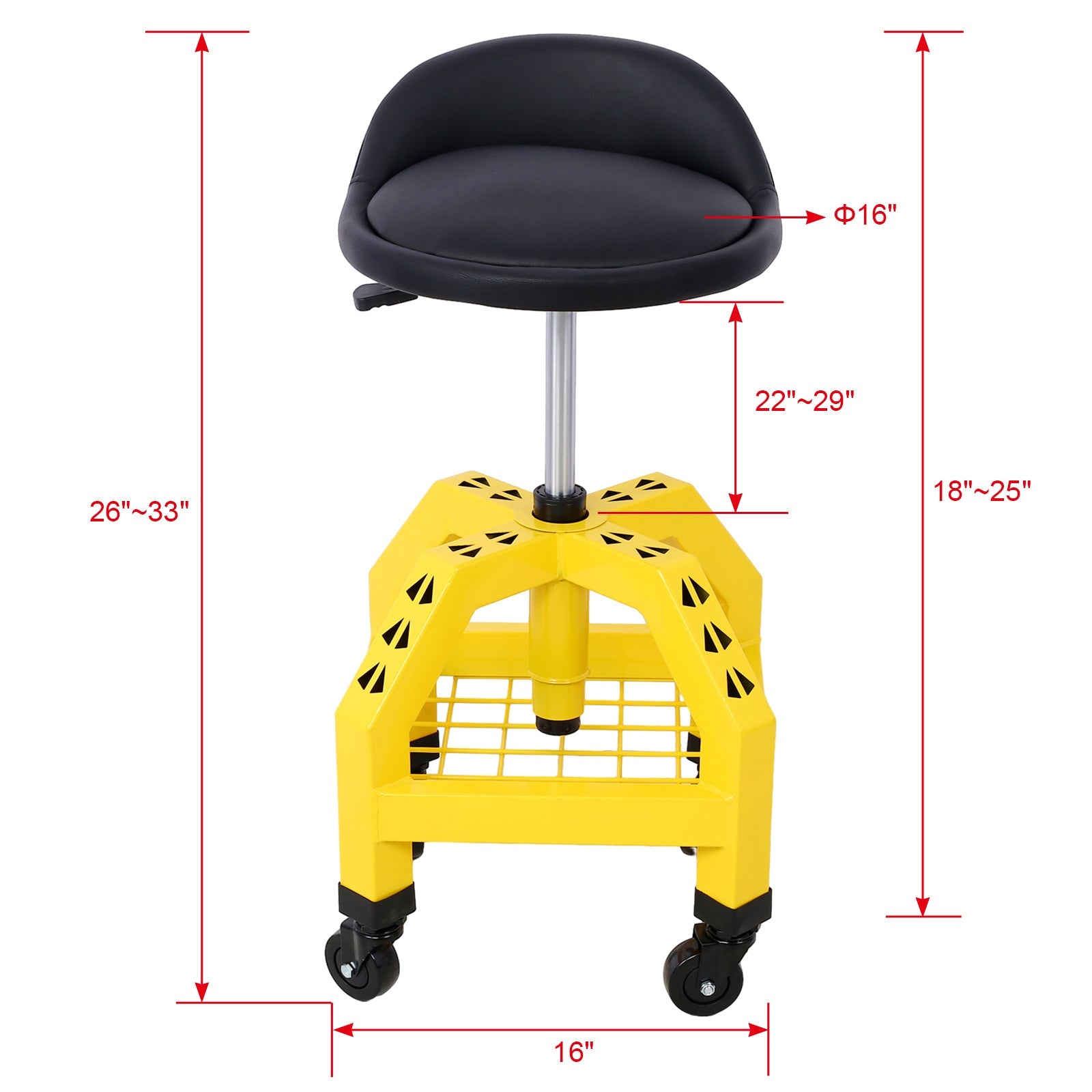 Pneumatic 360 Degree Swivel Stool Mechanics Rolling Creeper Seat Heavy Duty Shop with Casters Yellow 300 lbs Capacity - Fab Heavy Parts