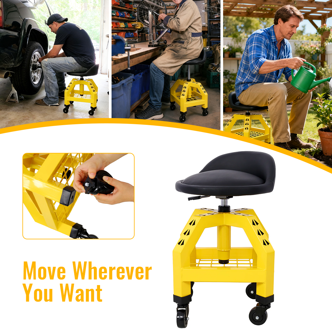 Pneumatic 360 Degree Swivel Stool Mechanics Rolling Creeper Seat Heavy Duty Shop with Casters Yellow 300 lbs Capacity - Fab Heavy Parts