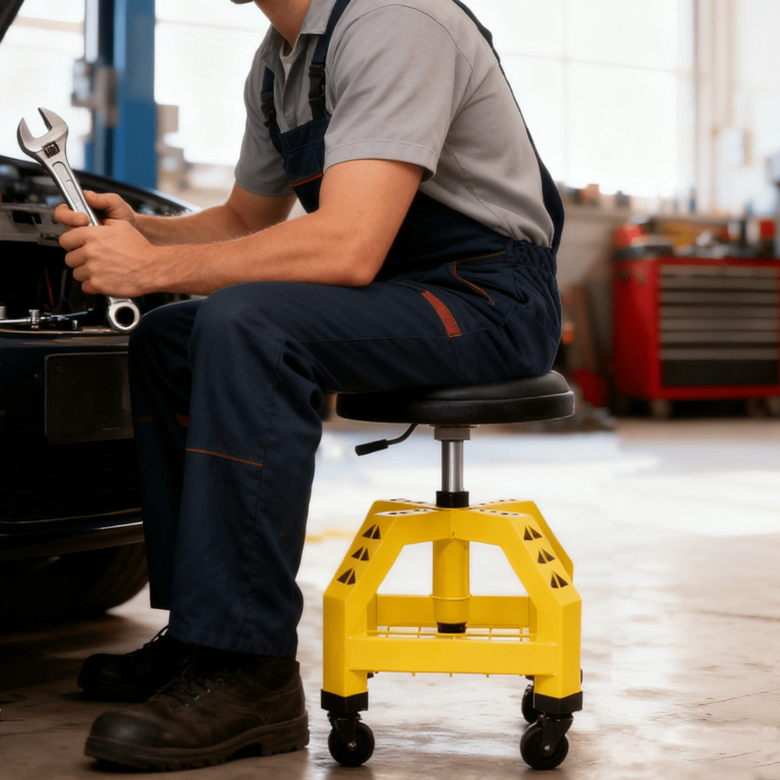 Pneumatic 360 Degree Swivel Stool Mechanics Rolling Creeper Seat Heavy Duty Shop with Casters Yellow 300 lbs Capacity - Fab Heavy Parts