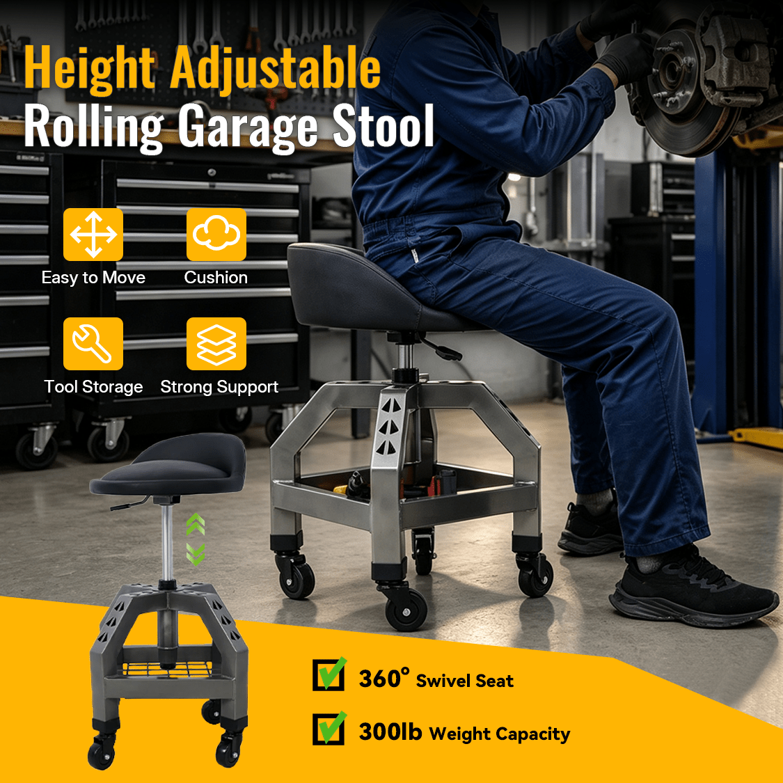 Pneumatic 360 Degree Swivel Stool Mechanics Rolling Creeper Seat Heavy Duty with Casters 300 Lbs Capacity - Gray - Fab Heavy Parts