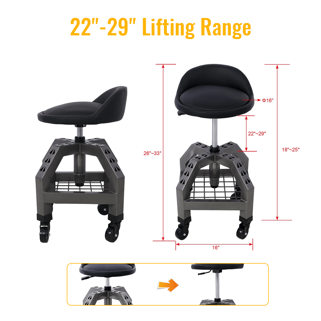 Pneumatic 360 Degree Swivel Stool Mechanics Rolling Creeper Seat Heavy Duty with Casters 300 Lbs Capacity - Gray - Fab Heavy Parts