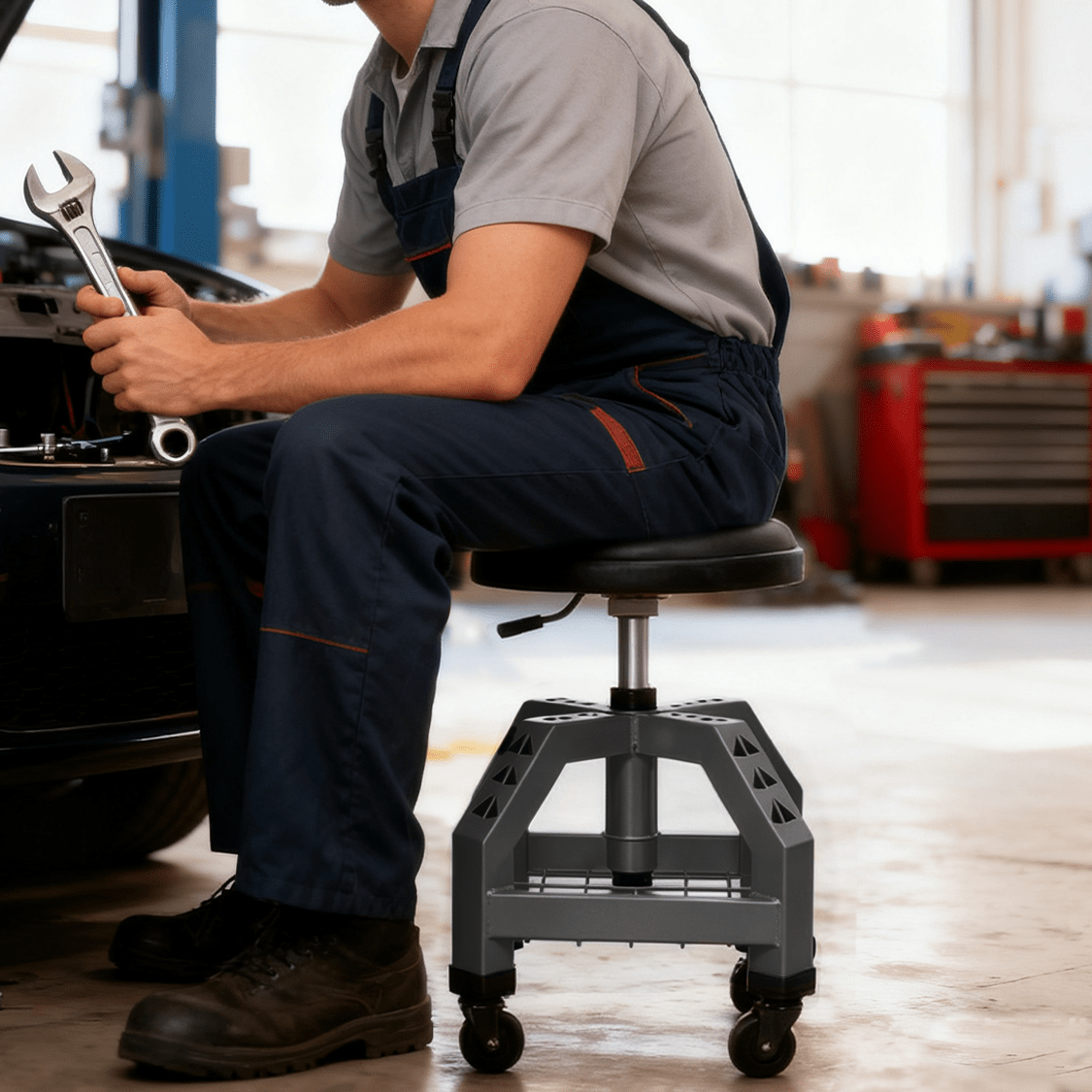 Pneumatic 360 Degree Swivel Stool Mechanics Rolling Creeper Seat Heavy Duty with Casters 300 Lbs Capacity - Gray - Fab Heavy Parts