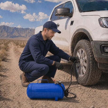 Portable 11 Gallon Air Tank Lightweight Durable Air Compressor Tank with Pressure Gauge Safety Valve and 47 Inch Hose for Easy Tool Connection - Blue - Fab Heavy Parts
