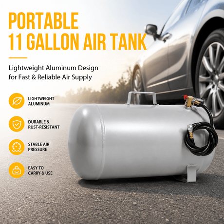 Portable 11 Gallon Aluminum Air Tank Lightweight Durable Air Compressor Tank with Pressure Gauge Safety Valve and 47 Inch Hose - Fab Heavy Parts