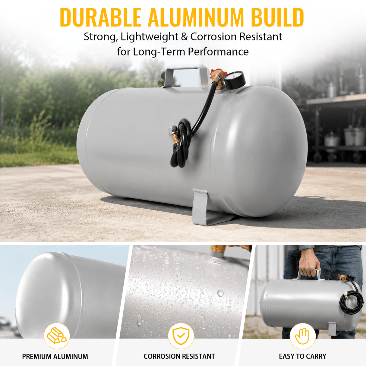 Portable 11 Gallon Aluminum Air Tank Lightweight Durable Air Compressor Tank with Pressure Gauge Safety Valve and 47 Inch Hose - Fab Heavy Parts