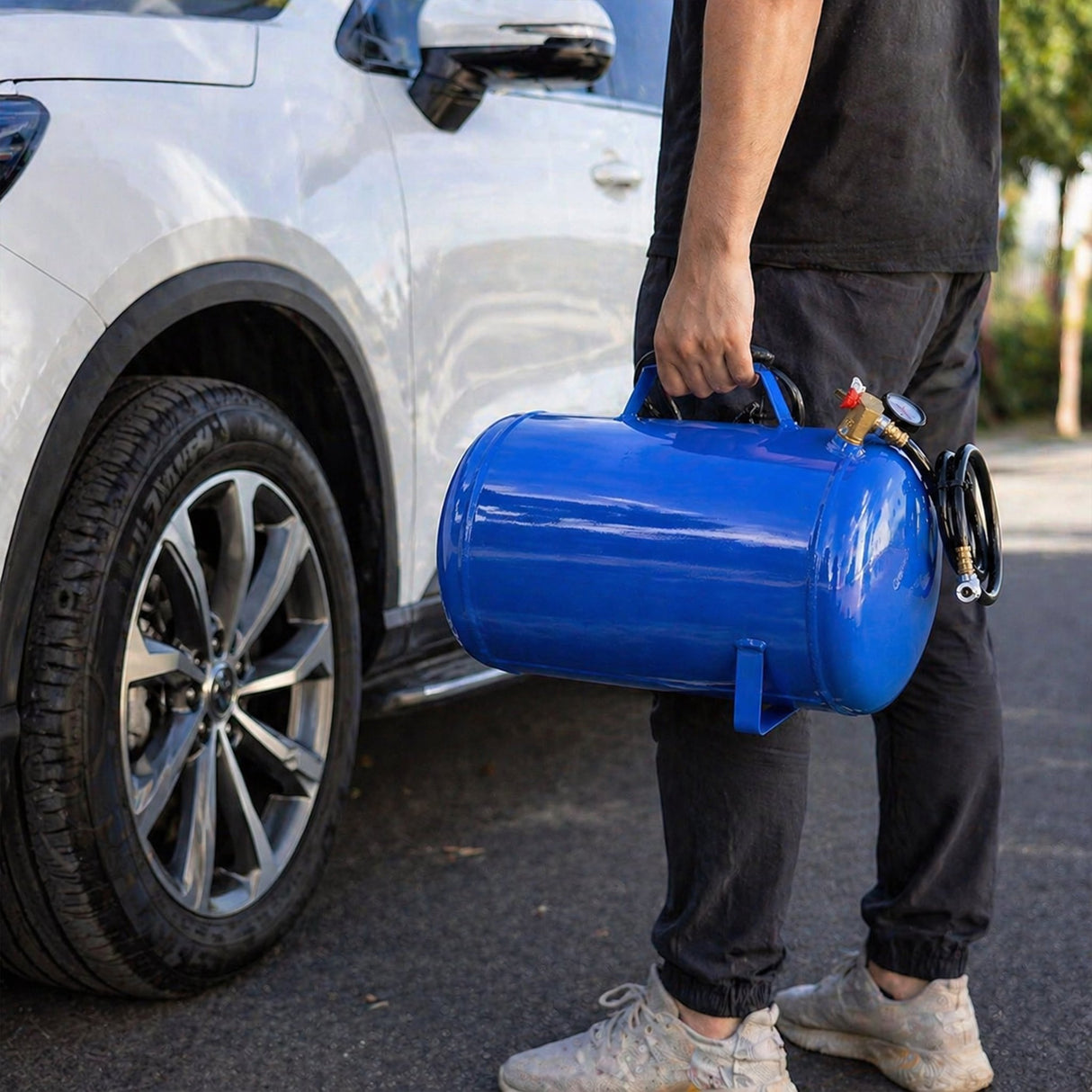 Portable 7 Gallon Air Tank Lightweight Durable Air Compressor Tank with Pressure Gauge Safety Valve and 47 Inch Hose - Blue - Fab Heavy Parts
