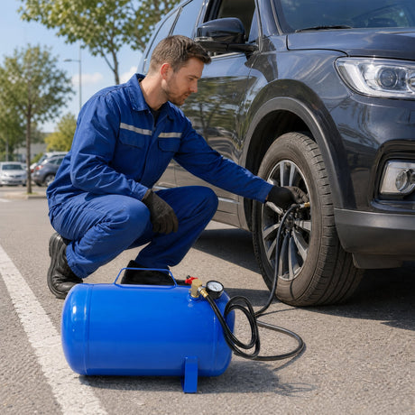 Portable 7 Gallon Air Tank Lightweight Durable Air Compressor Tank with Pressure Gauge Safety Valve and 47 Inch Hose - Blue - Fab Heavy Parts