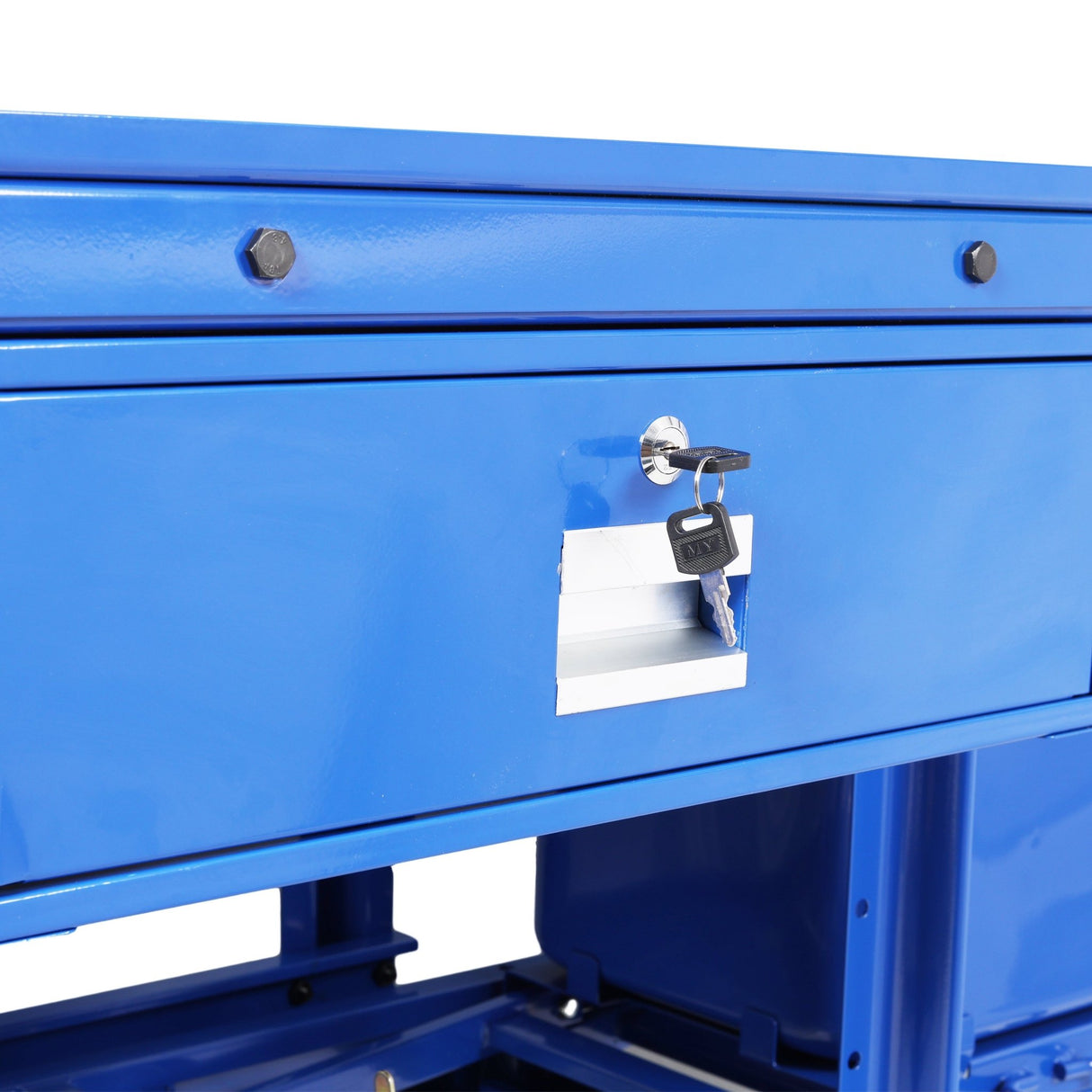 Premium Mobile Tear Down Table with 3.5 Gallon Part Washer and 110V Pump in Blue Steel with Drawer and Drain Tray - Fab Heavy Parts