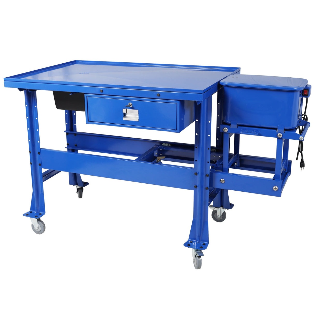 Premium Mobile Tear Down Table with 3.5 Gallon Part Washer and 110V Pump in Blue Steel with Drawer and Drain Tray - Fab Heavy Parts