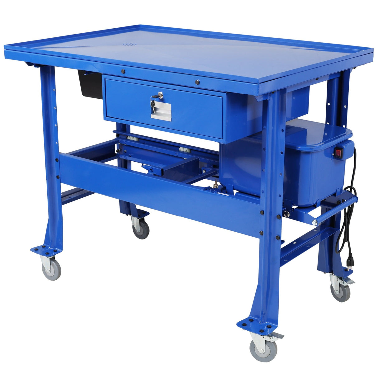 Premium Mobile Tear Down Table with 3.5 Gallon Part Washer and 110V Pump in Blue Steel with Drawer and Drain Tray - Fab Heavy Parts