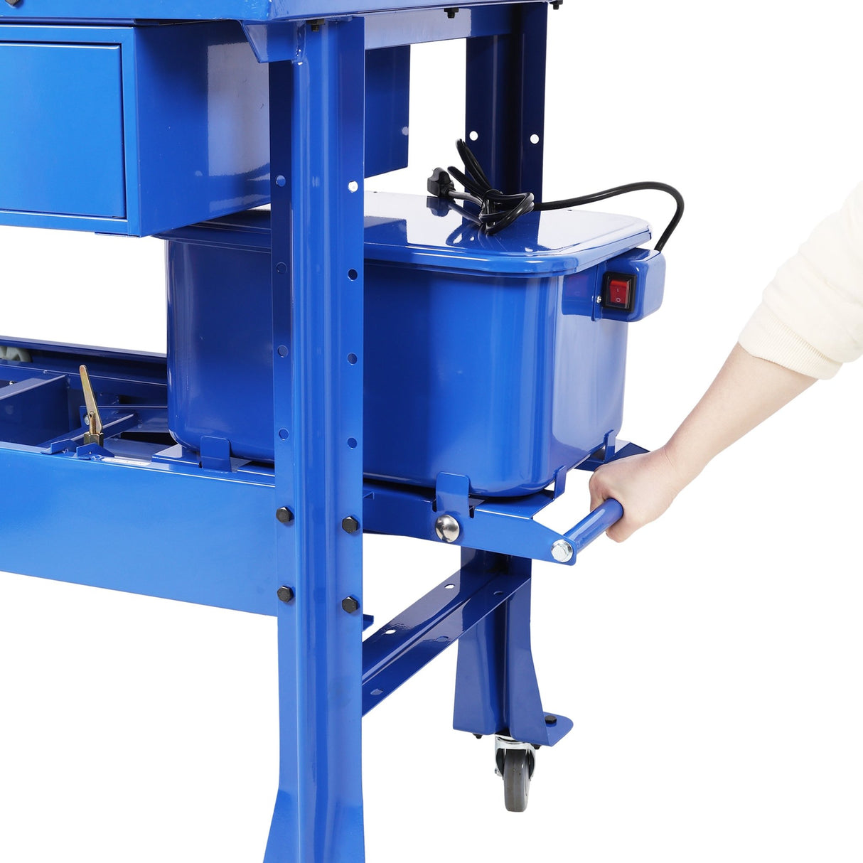 Premium Mobile Tear Down Table with 3.5 Gallon Part Washer and 110V Pump in Blue Steel with Drawer and Drain Tray - Fab Heavy Parts