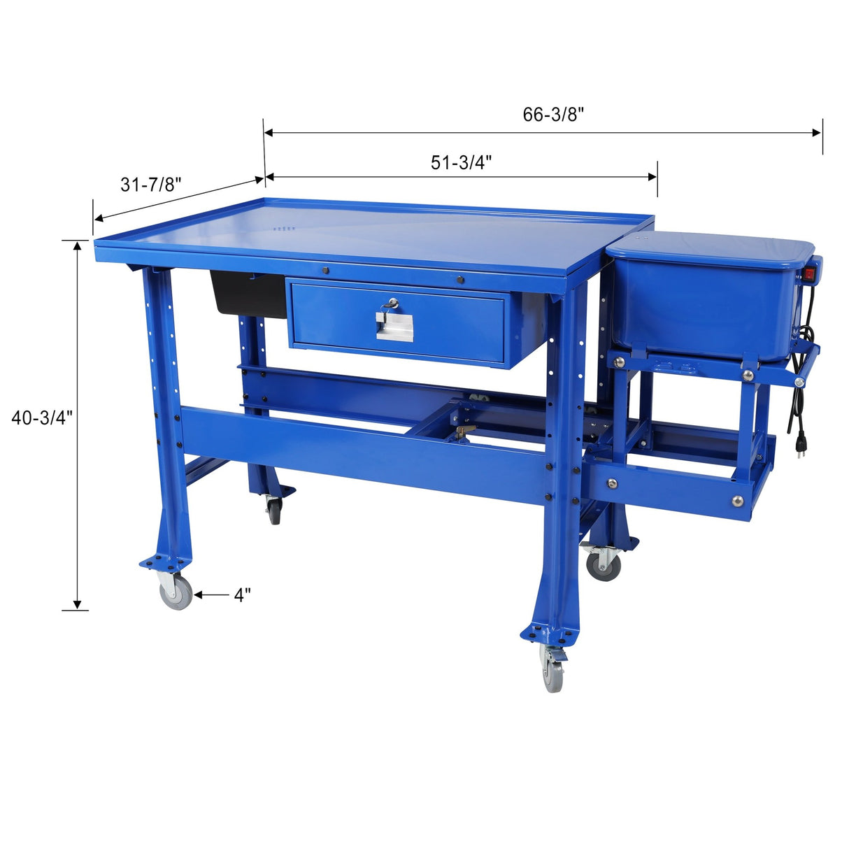 Premium Mobile Tear Down Table with 3.5 Gallon Part Washer and 110V Pump in Blue Steel with Drawer and Drain Tray - Fab Heavy Parts