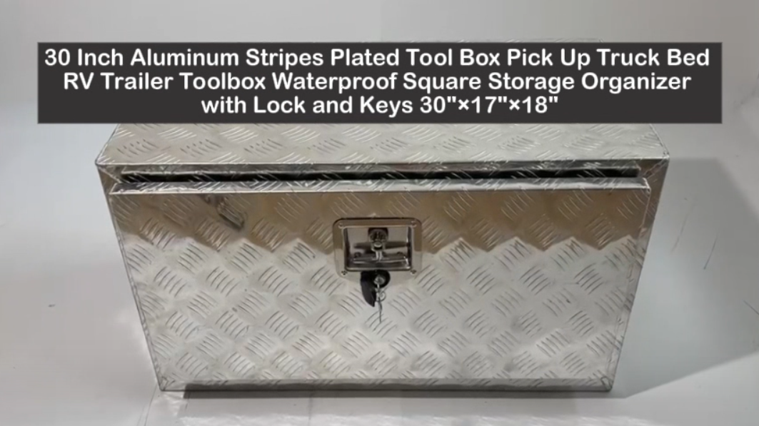 30 Inch Aluminum Stripes Plated Tool Box Pick Up Truck Bed RV Trailer Toolbox Waterproof Square Storage Organizer with Lock and Keys 30"×17"×18"