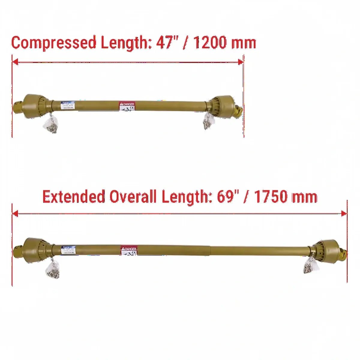 PTO Drive Shaft 1 3/8 Inch 6 Spline End T1 47 to 69 Inch Yellow for Tractor - Fab Heavy Parts