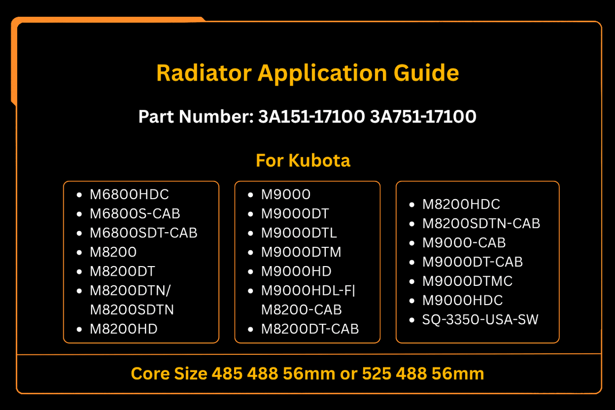Radiator 3A151 - 17100 3A751 - 17100 for Kubota M6800HDC M6800S M8200 M9000 M9000HD - Fab Heavy Parts