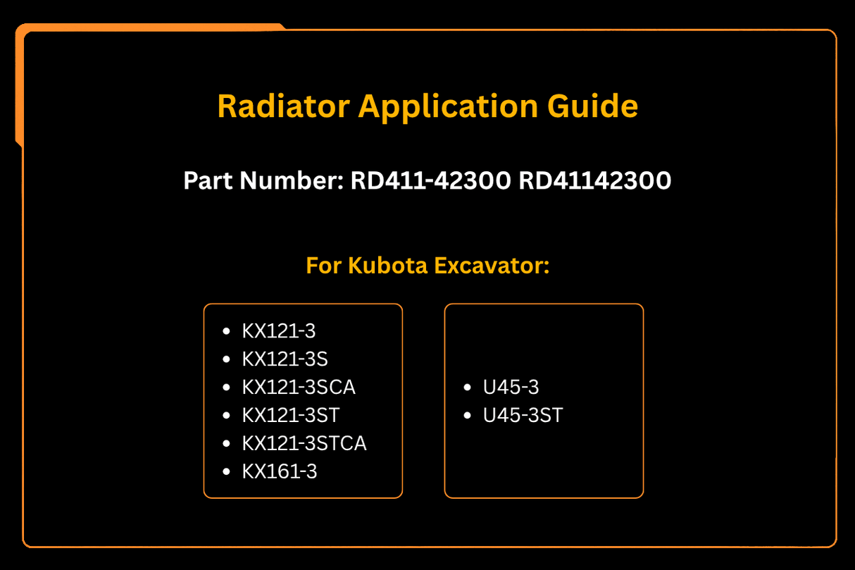 Radiator RD411 - 42300 for Kubota Excavator U50 - 3 U45 - 3 KX121 - 3 KX161 - 3 - Fab Heavy Parts