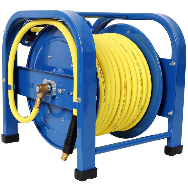 Retractable Air Hose Reel 3/8" x 100 Feet 300 PSI Spring - Driven Steel Heavy Duty Industrial Hybrid Hose Portable - Fab Heavy Parts