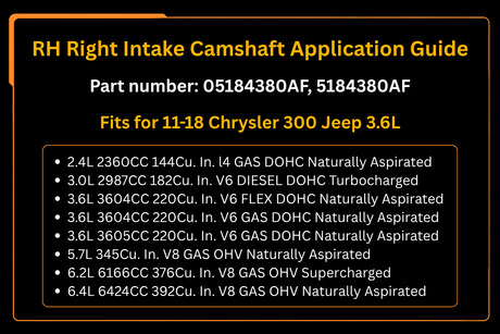 RH Right Intake Camshaft 05184380AF 5184380AF Fits for 11 - 18 Chrysler 300 Jeep 3.6L - Fab Heavy Parts