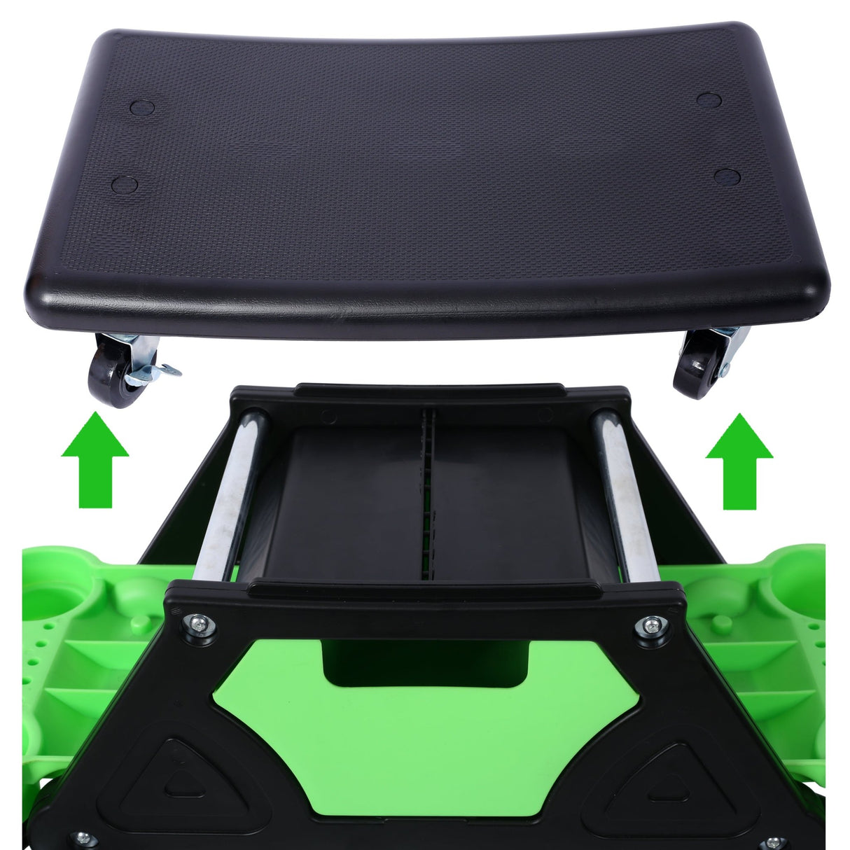 Roller Mechanic Detailing Creeper Utility Seat Stool with Wheels Removable Tool Trays Drawer 300 Lbs Capacity - Green - Fab Heavy Parts