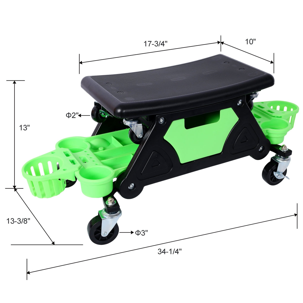 Roller Mechanic Detailing Creeper Utility Seat Stool with Wheels Removable Tool Trays Drawer 300 Lbs Capacity - Green - Fab Heavy Parts