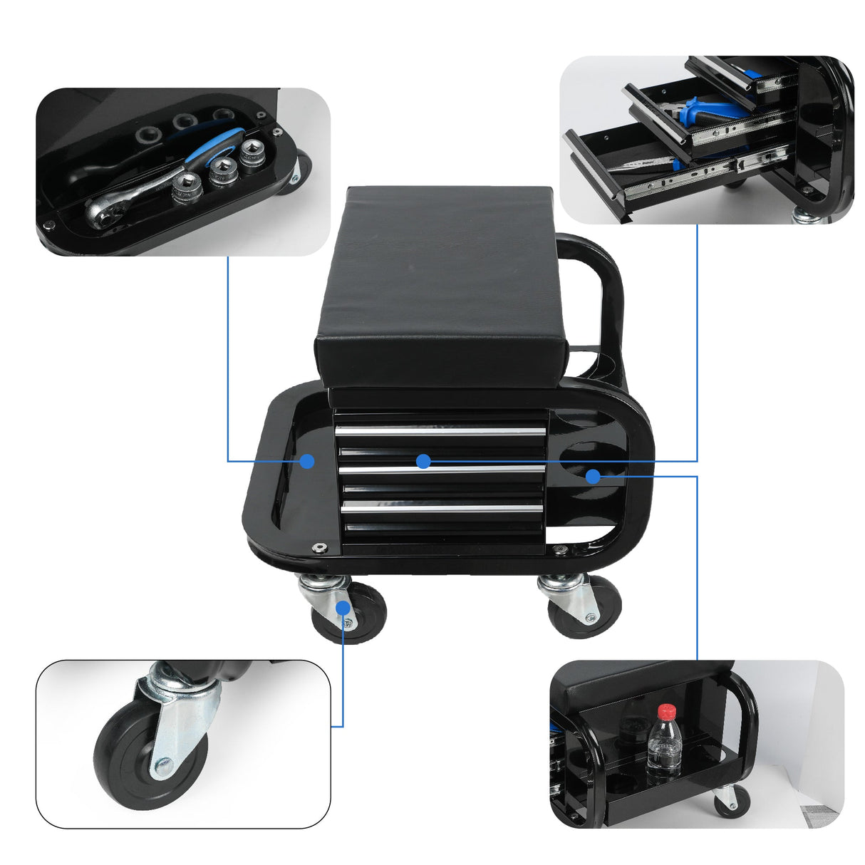 Rolling Creeper Garage Seat with 3 Built - in Drawers - Black - Fab Heavy Parts