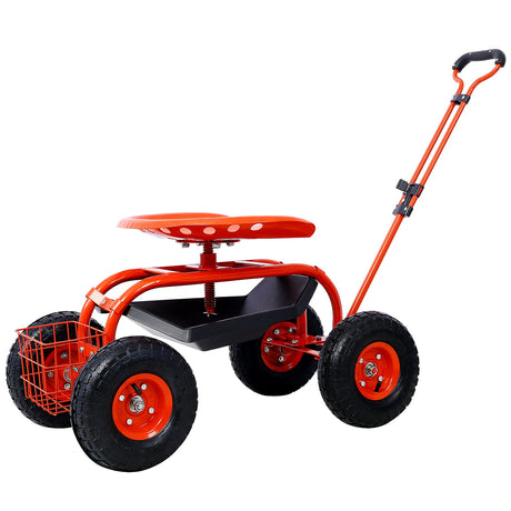 Rolling Garden Scooter Cart Seat with Wheels and Tool Tray 360 Swivel Seat - Red - Fab Heavy Parts
