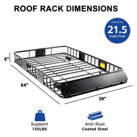 Roof Rack Basket With Net Rooftop Steel Roof Rack Cargo Carrier with 250 Lbs Capacity Extension Black Car Top Luggage Holder 64"x 39" Universal for SUV Wagon Seden - Fab Heavy Parts