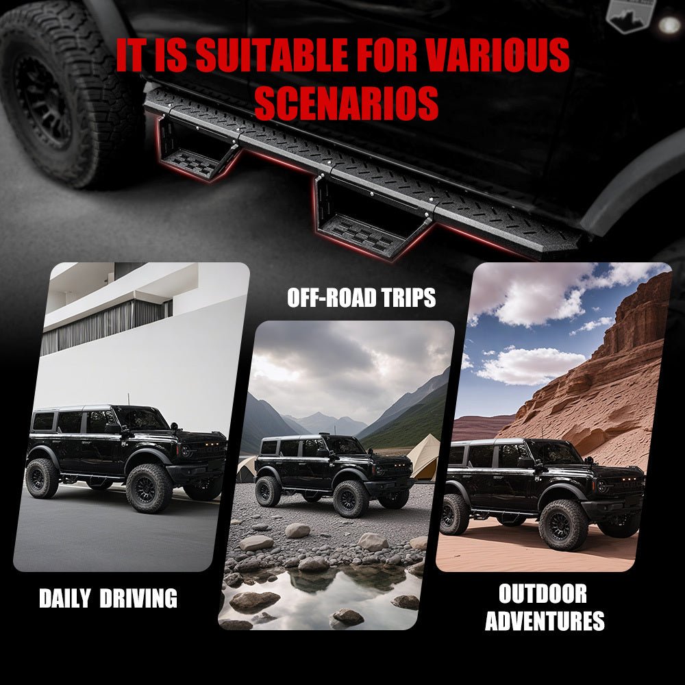 Running Boards Fits for Ford Bronco 4 Door 2021 - 2024 (Not Fit for Sport) Two Stairs Side Steps Anti - Slip Drop Down Rock Sliders Step Bars - Fab Heavy Parts
