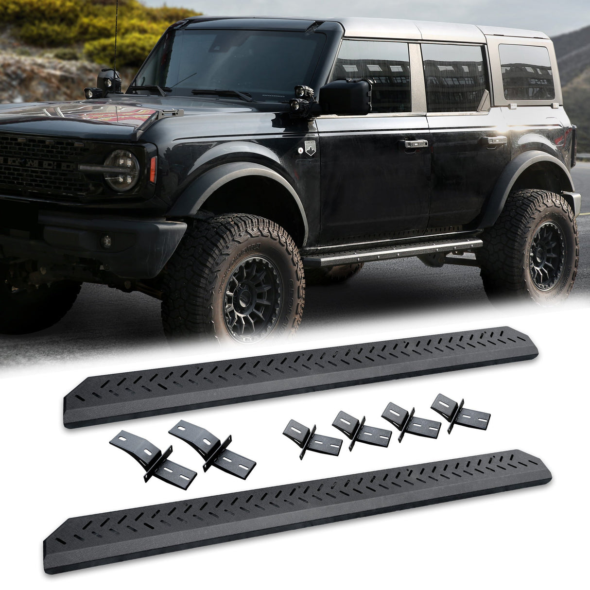 Running Boards Fits for Ford Bronco 4 Door 2021 - 2024 (Not Fit for Sport) Two Stairs Side Steps Anti - Slip Drop Down Rock Sliders Step Bars - Fab Heavy Parts