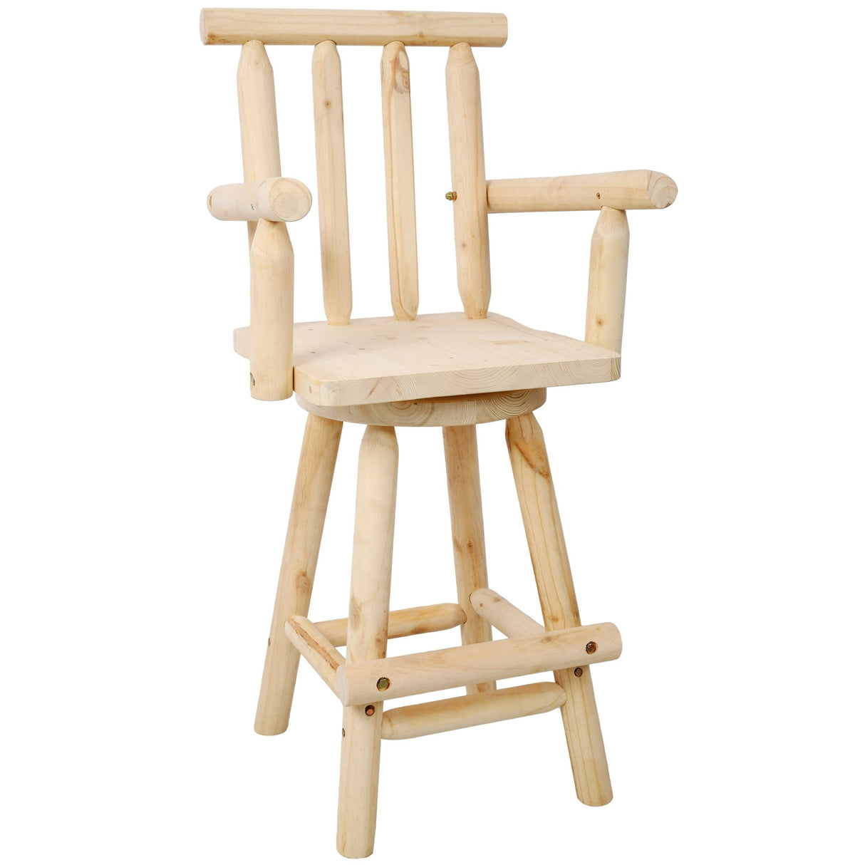 Rustic Bar Stool Fir Wood Construction Chair Backrest Footrest Wide Armrest 4 - Foot - Light Brown - Fab Heavy Parts