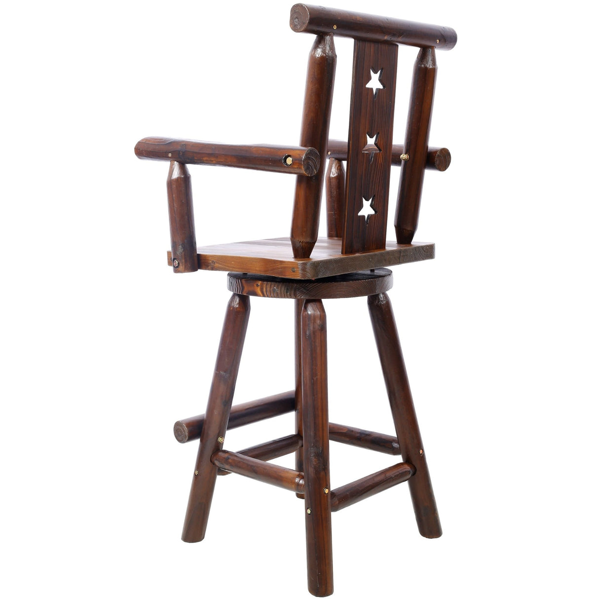 Rustic Bar Stool Fir Wood Construction Chair with Decorative Star Backrest Footrest Wide Armrest Pub 4 - Foot - Brown - Fab Heavy Parts